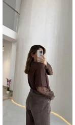 Dilvin Yüksek Bel Dökümlü Denim Pantolon - Açık Kahve