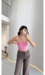 Straplez Crop Pedli Body - Pembe - Kod: 23369