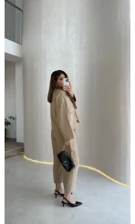 Cepli Kemerli Oversize Ceket-Pantolon Takım - Vizon - Kod: 9025