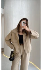 Cepli Kemerli Oversize Ceket-Pantolon Takım - Vizon - Kod: 9025