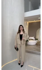 Cepli Kemerli Oversize Ceket-Pantolon Takım - Vizon - Kod: 9025