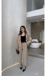 Cepli Kemerli Oversize Ceket-Pantolon Takım - Vizon - Kod: 9025