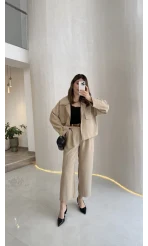 Cepli Kemerli Oversize Ceket-Pantolon Takım - Vizon - Kod: 9025