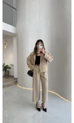 Cepli Kemerli Oversize Ceket-Pantolon Takım - Vizon - Kod: 9025