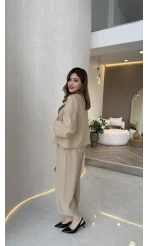 Cepli Kemerli Oversize Ceket-Pantolon Takım - Vizon - Kod: 9025