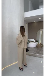 Cepli Kemerli Oversize Ceket-Pantolon Takım - Vizon - Kod: 9025