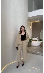 Cepli Kemerli Oversize Ceket-Pantolon Takım - Vizon - Kod: 9025