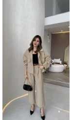 Cepli Kemerli Oversize Ceket-Pantolon Takım - Vizon - Kod: 9025