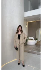 Cepli Kemerli Oversize Ceket-Pantolon Takım - Vizon - Kod: 9025