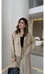 Cepli Kemerli Oversize Ceket-Pantolon Takım - Vizon - Kod: 9025