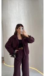 Cepli Kemerli Oversize Ceket-Pantolon Takım - Mürdüm - Kod: 9025