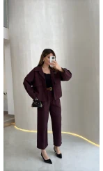 Cepli Kemerli Oversize Ceket-Pantolon Takım - Mürdüm - Kod: 9025