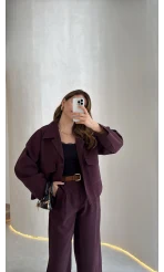 Cepli Kemerli Oversize Ceket-Pantolon Takım - Mürdüm - Kod: 9025