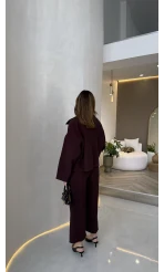 Cepli Kemerli Oversize Ceket-Pantolon Takım - Mürdüm - Kod: 9025