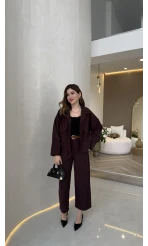 Cepli Kemerli Oversize Ceket-Pantolon Takım - Mürdüm - Kod: 9025