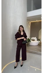 Cepli Kemerli Oversize Ceket-Pantolon Takım - Mürdüm - Kod: 9025