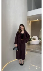 Cepli Kemerli Oversize Ceket-Pantolon Takım - Mürdüm - Kod: 9025