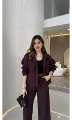 Cepli Kemerli Oversize Ceket-Pantolon Takım - Mürdüm - Kod: 9025