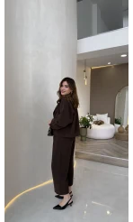 Cepli Kemerli Oversize Ceket-Pantolon Takım - Kahve - Kod: 9025