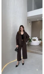 Cepli Kemerli Oversize Ceket-Pantolon Takım - Kahve - Kod: 9025