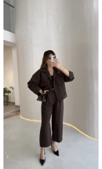 Cepli Kemerli Oversize Ceket-Pantolon Takım - Kahve - Kod: 9025