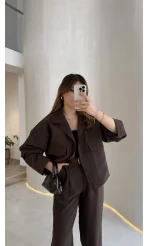 Cepli Kemerli Oversize Ceket-Pantolon Takım - Kahve - Kod: 9025