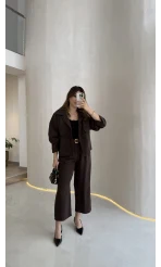 Cepli Kemerli Oversize Ceket-Pantolon Takım - Kahve - Kod: 9025