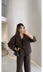 Cepli Kemerli Oversize Ceket-Pantolon Takım - Kahve - Kod: 9025