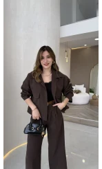 Cepli Kemerli Oversize Ceket-Pantolon Takım - Kahve - Kod: 9025