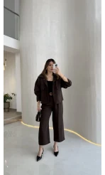 Cepli Kemerli Oversize Ceket-Pantolon Takım - Kahve - Kod: 9025