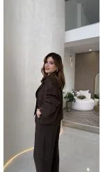 Cepli Kemerli Oversize Ceket-Pantolon Takım - Kahve - Kod: 9025