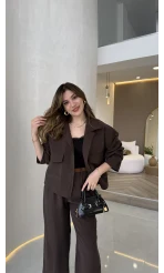 Cepli Kemerli Oversize Ceket-Pantolon Takım - Kahve - Kod: 9025