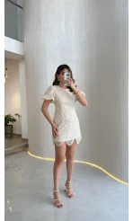 Lacho Dantelli İnci Elbise - Ekru - Kod: 39528