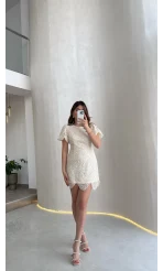 Lacho Dantelli İnci Elbise - Ekru - Kod: 39528