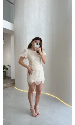 Lacho Dantelli İnci Elbise - Ekru - Kod: 39528