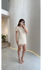 Lacho Dantelli İnci Elbise - Ekru - Kod: 39528