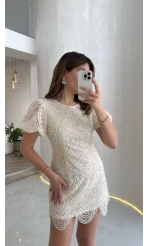 Lacho Dantelli İnci Elbise - Ekru - Kod: 39528