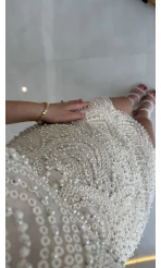 Lacho Dantelli İnci Elbise - Ekru - Kod: 39528