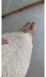 Lacho Dantelli İnci Elbise - Ekru - Kod: 39528