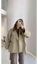 Anastasia Vatkalı Kuşaklı Kısa Trençkot - Haki - Kod: 9609