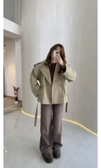 Anastasia Vatkalı Kuşaklı Kısa Trençkot - Haki - Kod: 9609