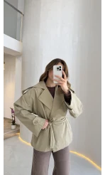 Anastasia Vatkalı Kuşaklı Kısa Trençkot - Haki - Kod: 9609