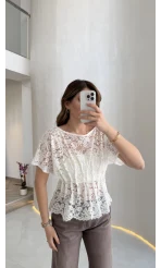 Flaner Büzgülü Bel Detaylı Kayık Yaka Dantelli Bluz - Ekru - Kod: 2966