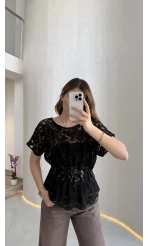 Flaner Büzgülü Bel Detaylı Kayık Yaka Dantelli Bluz - Siyah - Kod: 2966