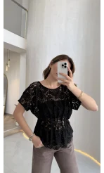 Flaner Büzgülü Bel Detaylı Kayık Yaka Dantelli Bluz - Siyah - Kod: 2966