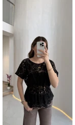 Flaner Büzgülü Bel Detaylı Kayık Yaka Dantelli Bluz - Siyah - Kod: 2966