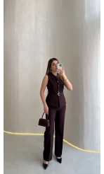 Moon Kemerli İspanyol Kesim Yelek Pantolon Takım - Mürdüm - Kod: 8891