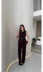 Moon Kemerli İspanyol Kesim Yelek Pantolon Takım - Mürdüm - Kod: 8891