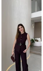 Moon Kemerli İspanyol Kesim Yelek Pantolon Takım - Mürdüm - Kod: 8891