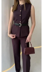 Moon Kemerli İspanyol Kesim Yelek Pantolon Takım - Mürdüm - Kod: 8891